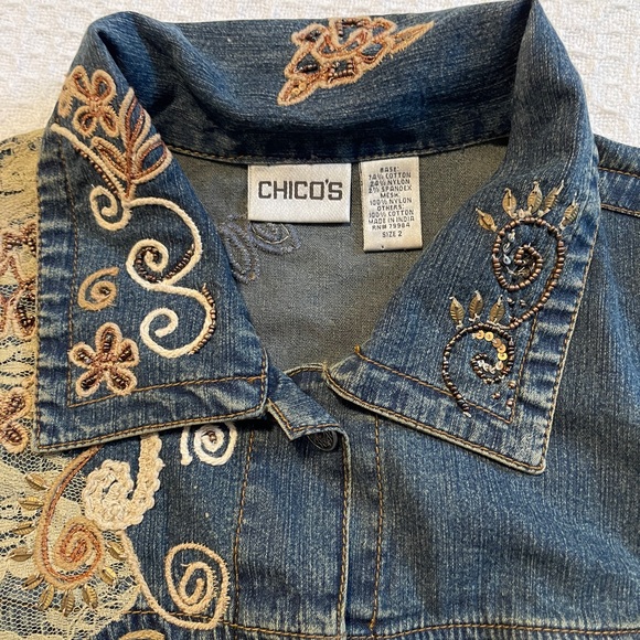 Chico's Embroidered Denim Jacket in Blue with Cream and Tan Accents - Picture 4 of 6